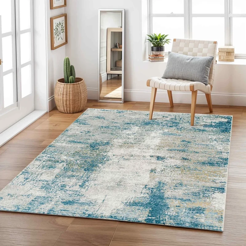 Livabliss Pysel Abstract Rug - Area Rugs Living Room 160x213 cm, Dining Room, Lounge, Kitchen, Bedroom - Modern Marble Large Rug, Soft Luxurious Easy Care Medium Pile, Grey, Blue and Ivory