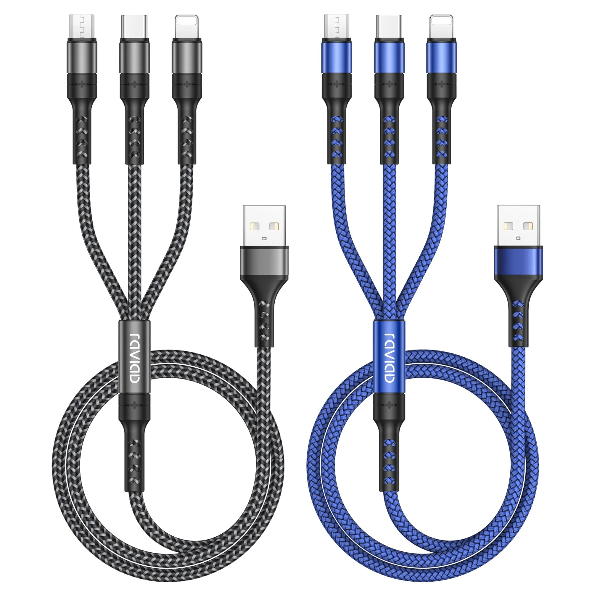 RAVIAD Multi Charger Cable, 3 in 1 Charger Cable [2Pack 1.2M] Multi Charging Cable Nylon Braided with Micro USB Type C Lightning Cable Connector for iPhone, Android Samsung Galaxy, Huawei, Oneplus, LG