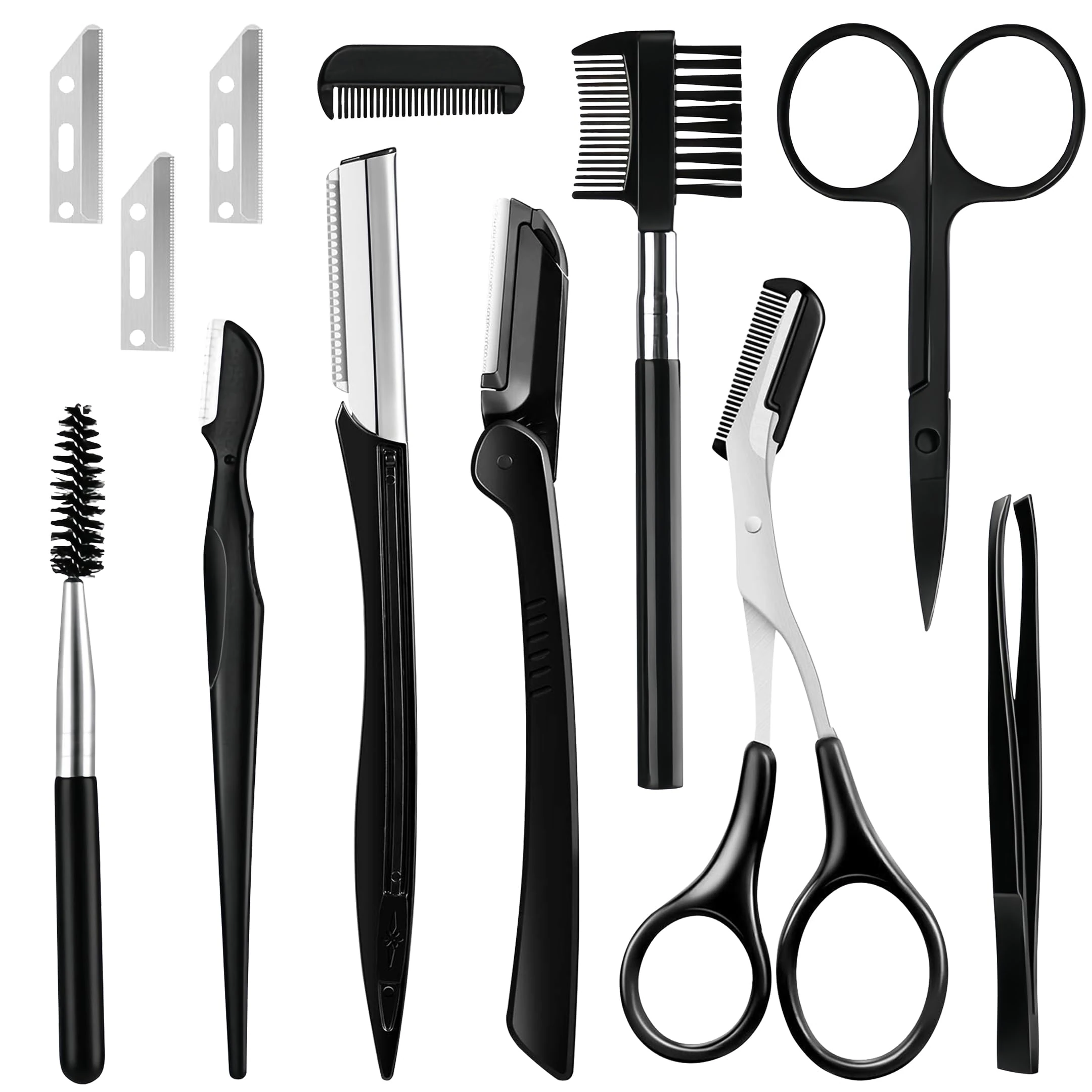mwellewm 12Pcs Eyebrow Kit Eyebrow Trimming Set Eyebrow Grooming Kit with Eyebrow Razor, Eyebrow Brush Scissors, Facial Trimmer, Shaver, Tweezers for Women and Men