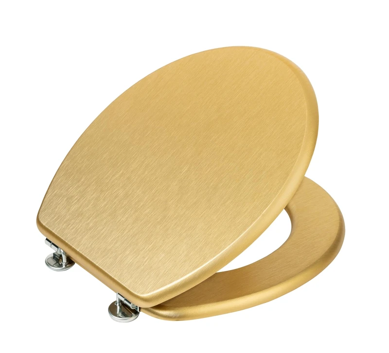 WENKO Aldeno Gold Matt Toilet Seat MDF with Stainless Steel Fixings, Foiled, Subtle Wood Structure, Lid: 37 x 41 cm - Image 1