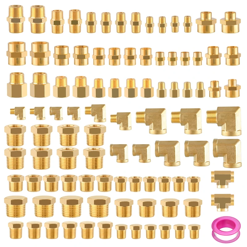 Ailbiuko 98PCS Brass Pipe Fittings Assortment Kit NPT Adapter,Reducer Bushing, Hex Nipple, Reducing Hex Coupling,Hex Head Plugs,90 Degree Street Elbow,Street Tee Fittings Kits