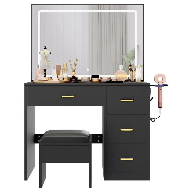 YITAHOME Dressing Table & stool set,Vanity Desk w/ 3-Color Lighting Modes LED Lights Mirror,Lights Brightness Adjustable,Vanity Table with 4 Drawers,Power Outlet,Black Makeup Desk for Bedroom