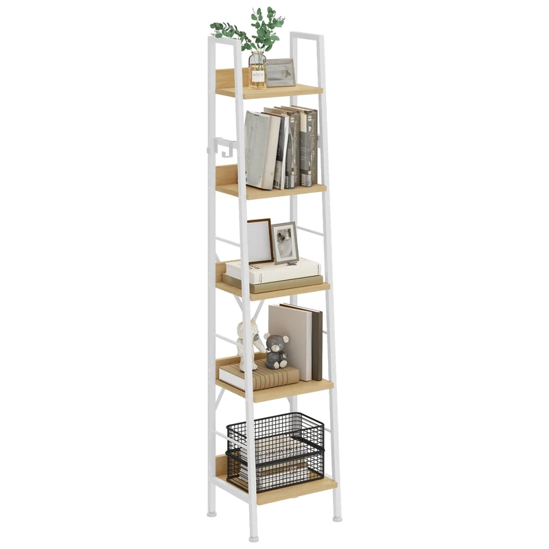 YITAHOME Bookcase 5 Tiers, Industrial Ladder Shelf Floorstanding Book Shelf Wooden Shelves and Metal Frame Book Rack Modern Shelving Unit for Living Room, Hallway, Office, White and Oak Bookshelf