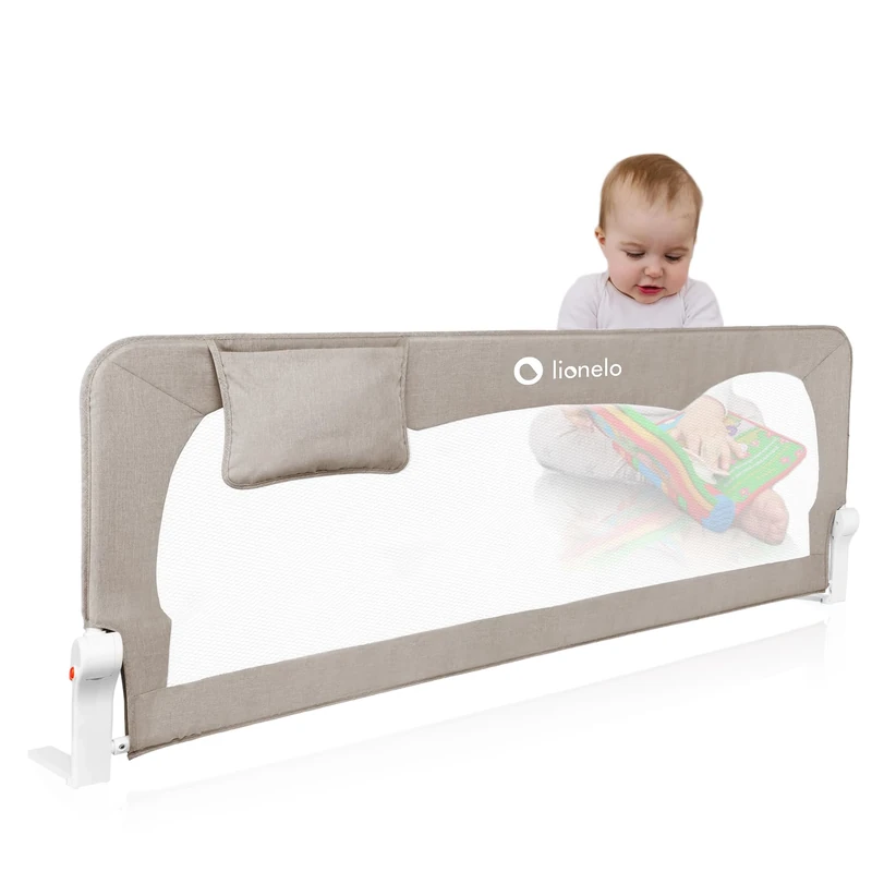 lionelo HANNA Bed Rail Guard 150L x 66H cm Extra-Tall Safety Bed Barrier for Toddlers, Foldable 180° with tilt adjustment, Mesh Fabric, SecureBelt Straps, Safe Lock, Pocket, Durable, Easy to Install
