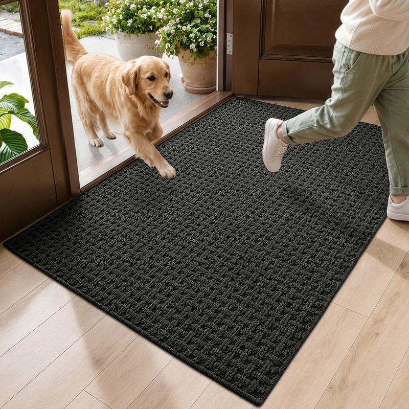DEXI Washable Door Mat Indoor Entrance, 32x48 Dirt Trapper Front Entryway Doormat Absorbent, Inside Entry Way Mats Non Slip Rubber Backing for Backdoor Home Floor Area, Dark Grey