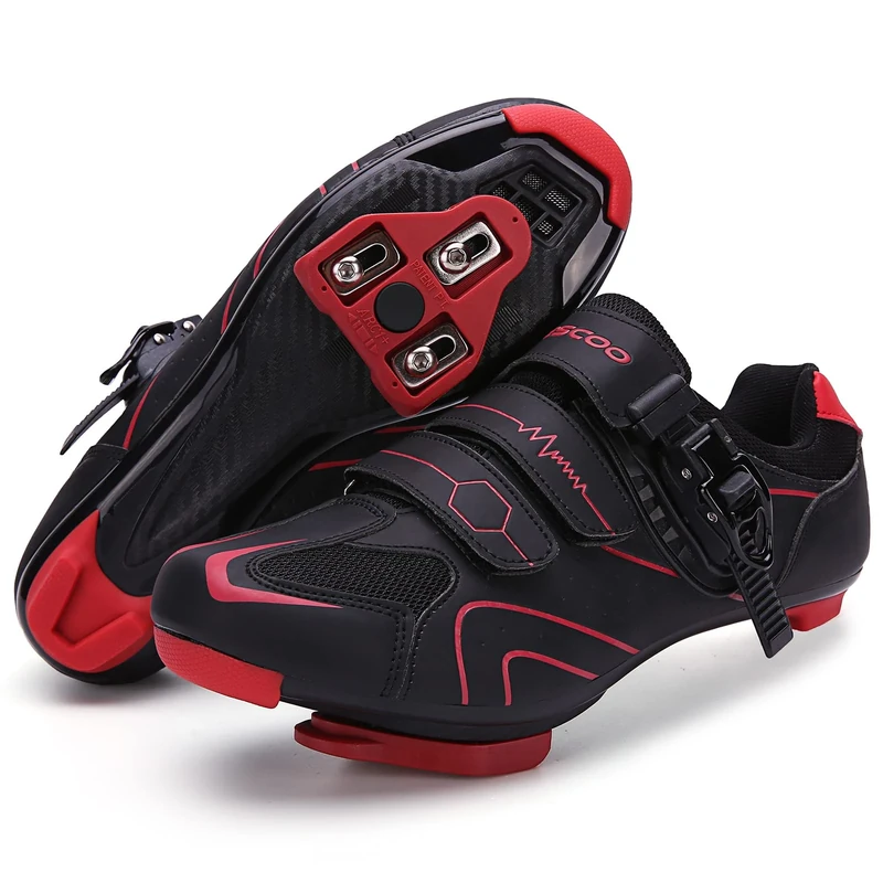 Mens Womens Cycling Shoes Compatible with Peloton Bike Indoor Outdoor Road Bike Riding Shoes with Look Delta Cleats Pre Installed Clip in Pedal, (Black-red, 4)