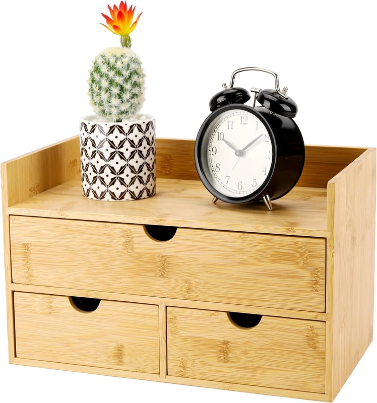 Charmewooden Bamboo Desk Organizer 3 Drawer with shelf, Countertop Organizer with Drawers Makeup Storage Drawer 3 Drawers Tabletop Storage Organization Box Home Office Workspace