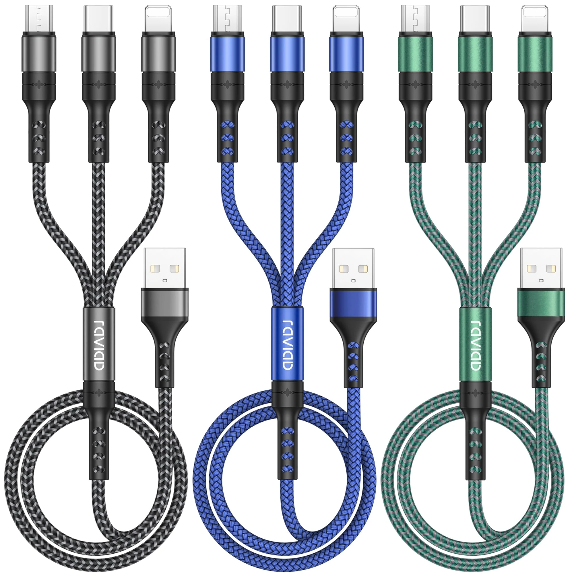 RAVIAD Multi Charger Cable, 3 in 1 Charger Cable [3Pack 1.2M] Multiple USB Cbale Nylon Braided with Micro USB Type C iPhone Connector for iPhone 17 16 15 14, Galaxy S25 S24 S23 S22, Oneplus, LG
