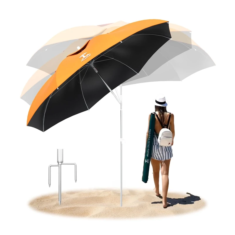 AosKe 7ft Beach Umbrella, Portable Wind Beach Umbrellas for Sand with Anchor and Carrying Bag, UPF50+ UV Protection Outdoor Sunshade Umbrella,Tilt Sun Shelter for Beach Patio Backyard - Orange