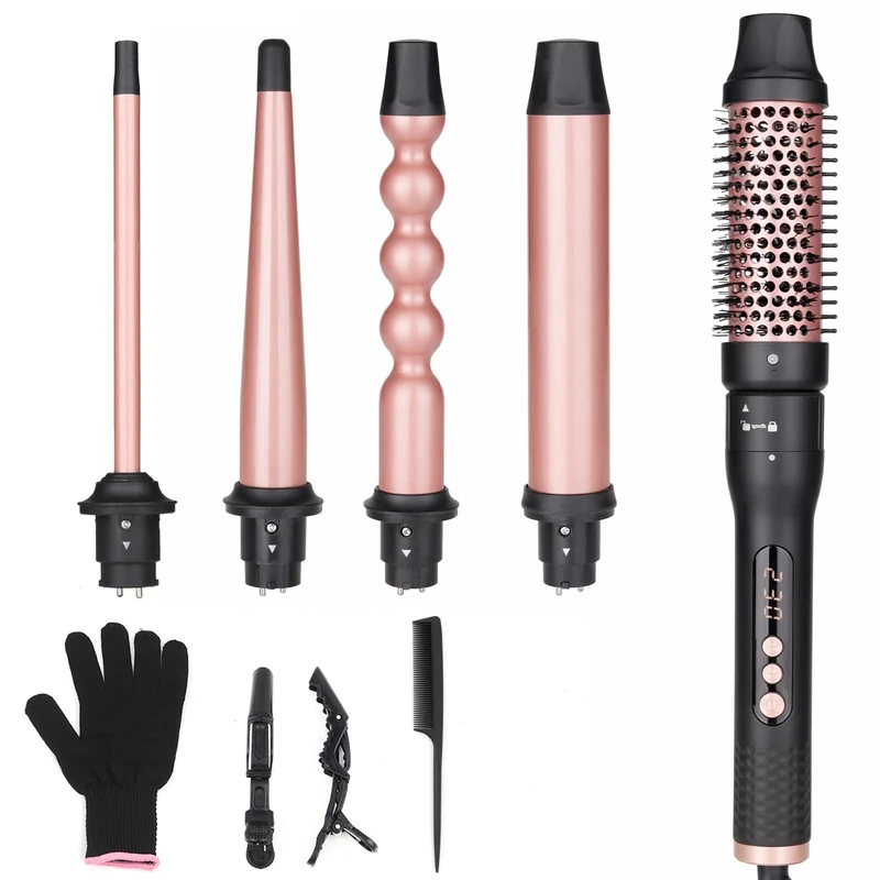 UNOBEY 5 in 1 Curling Wand Set, Curling Brush Curling Iron Set with Curling Brush and 4 Interchangeable Ceramic Curling Wand(0.5”-1.25”), Fast Heating, Include Glove & 2 Clips