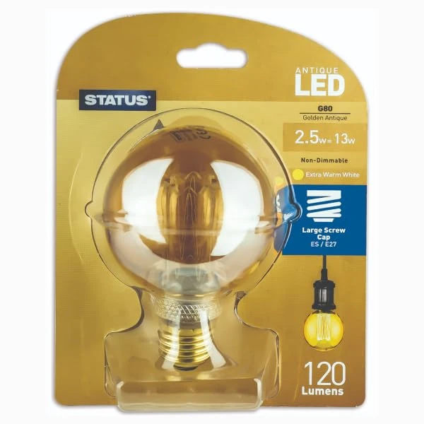 Status Filament LED Bulbs [Pack of 12] Type:Round (Extra Warm White 1800k) 2.5w / Non-Dimmable/Cap: E27 / Golden Antique Finish / 15000 Hours/Multipack [2.5SRLRESB112]