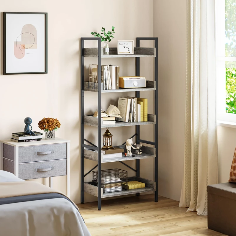 YITAHOME Bookcase 5 Tiers, Floor Standing Book Shelf, Wooden Shelves and Stable Steel Frame Shelving Units with 4 Hooks Industrial Storage for Living Room, Home Office, Grey Bookcases