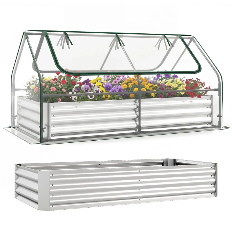 GiantexUK Raised Garden Bed with Greenhouse, 2 in 1 Galvanized Metal Rectangular Planter Box with Cover & Roll-up Windows, Bottomless Flower Herb Vegetable Grow Box (Clear PVC Cover, 183 x 91 x 94cm)
