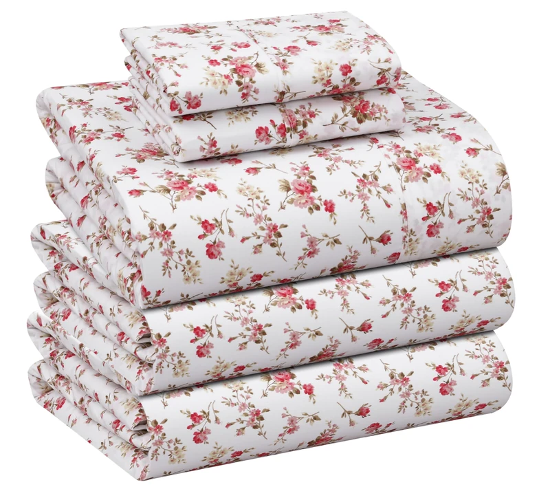 RUVANTI 100% Cotton Percale Sheets Split King Size, Bouquet