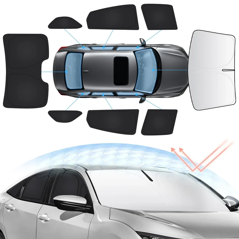 Sunsdrew 8PCS Windshield Sun Shade Kit for 2016-2021 Honda Civic 10th Gen. Full Rear&Side Window Privacy Sunshade Foldable Sun Visor Protector Blocks UV&Heat Civic Interior Accessories