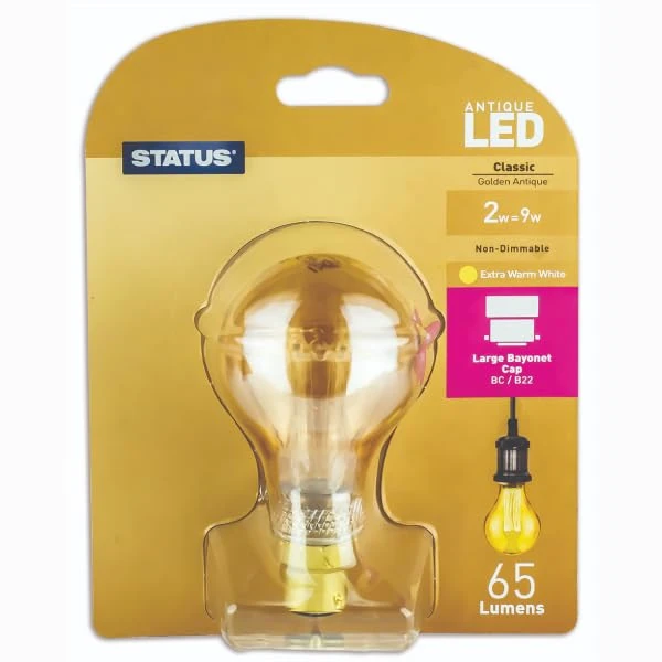Status Filament LED Bulbs [Pack of 12] Type:GLS (Extra Warm White 1800k) 2w / Non-Dimmable/Cap: B22 / Golden Antique Finish / 15000 Hours/Multipack [2SRLGBCB112]