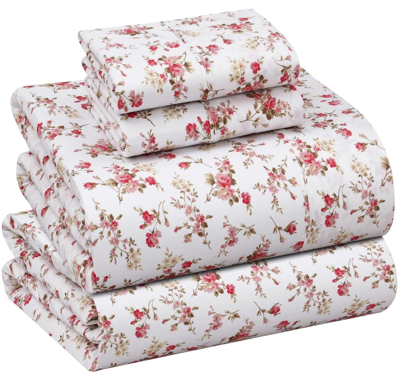Ruvanti 100% Cotton California King Sheet Sets, 4 Pieces, Soft & Breathable Percale Weave Bedding, Deep Pocket 14", Hotel Standard, Crisp Cool Feel & Durable, Perfect Floral Sheets, Bouquet
