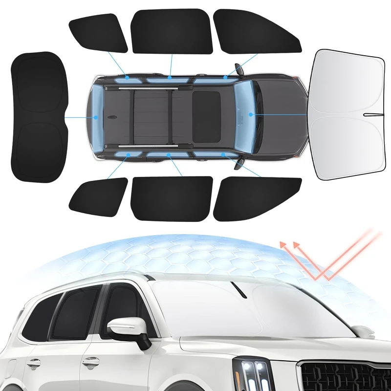Sunsdrew 8PCS Windshield Sun Shade Kit for Kia Telluride 2020-2023 2024 Full Privacy Side Rear Window Shade Cover Foldable Sun Visor Protector Blocks UVHeat Telluride Interior Accessories