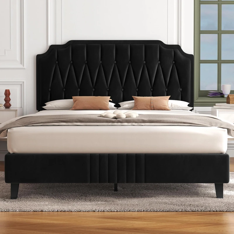 Yaheetech 5ft King Bed Frame, Velvet‑Upholstered Headboard, Black