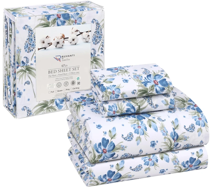 RUVANTI 100% Cotton California King Sheet Sets, 4 Pieces, Soft & Breathable Percale Weave Bedding, Deep Pocket 14", Hotel Standard, Crisp Cool Feel & Durable, Perfect Floral Sheets, Paislyona