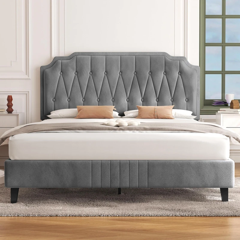 Yaheetech 5ft King Bed Frame Upholstered Platform Bed with Adjustable Button Tufted Headboard/Velvet Fabric/Sturdy Wooden Slat Support/No Box Spring Needed, Light Grey King Bed - Image 1