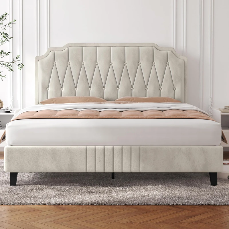 Yaheetech 5ft King Bed Frame Upholstered Platform Bed with Adjustable Button Tufted Headboard/Velvet Fabric/Sturdy Wooden Slat Support/No Box Spring Needed, Beige King Bed