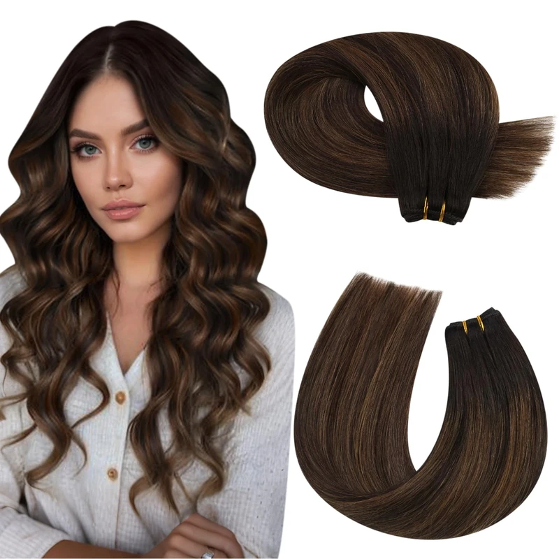 Moresoo Weft Hair Extensions Real Human Hair 16 Inch Ombre Darkest Brown and Chestnut Brown Double Weft Sew in Hair Extensions Balayage One Piece 100g/Pack #2/6/2