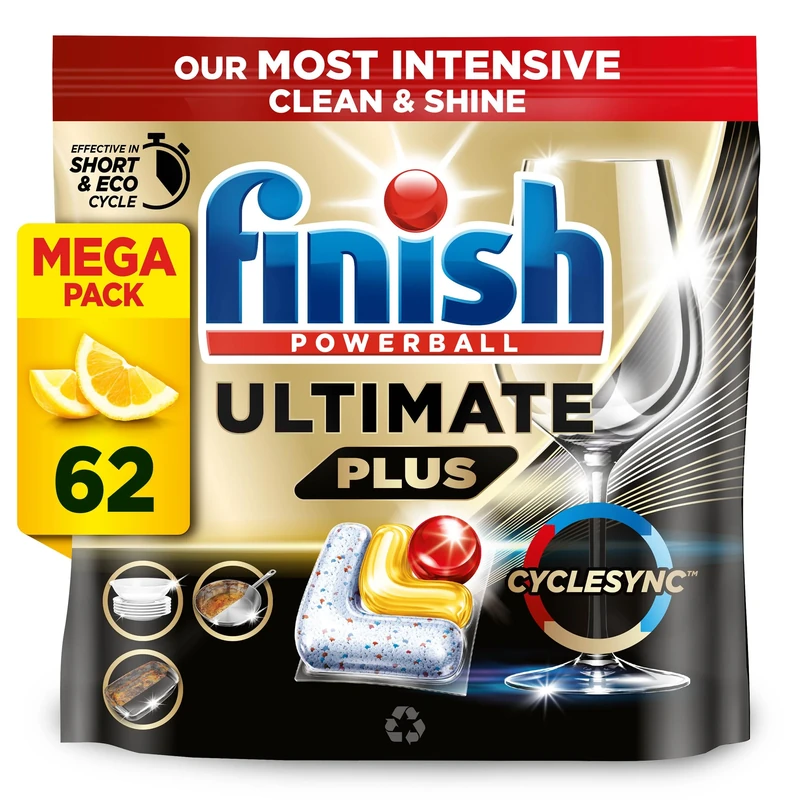 Finish Dishwasher Tablet, Ultimate Plus, 62 Detergent Tablets, Lemon Sparkle, Tough on Grease, For our Most Intensive Clean & Diamond Shine, Effective for Short Eco Cycle - Image 1