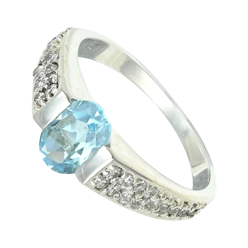 JEWELSTREZORO Blue Topaz Gemstone Silver Band Ring Solid 925 Sterling Silver Band Ring Handmade for Men And Women Band Ring T1168A_Y