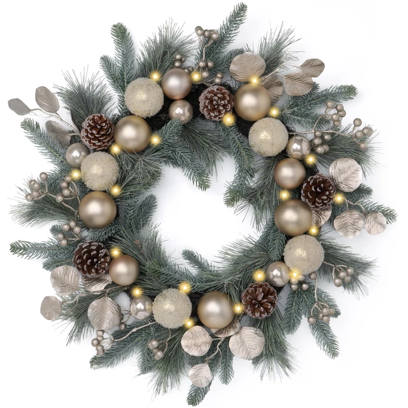 Valery Madelyn 24 Inch Pre-Lit Christmas Wreath for Front Door with Lights, Large Elegant Valentine’s Day Wreath with Champagne Gold Xmas Balls for Table Centerpiece Holiday Party Wedding Decor