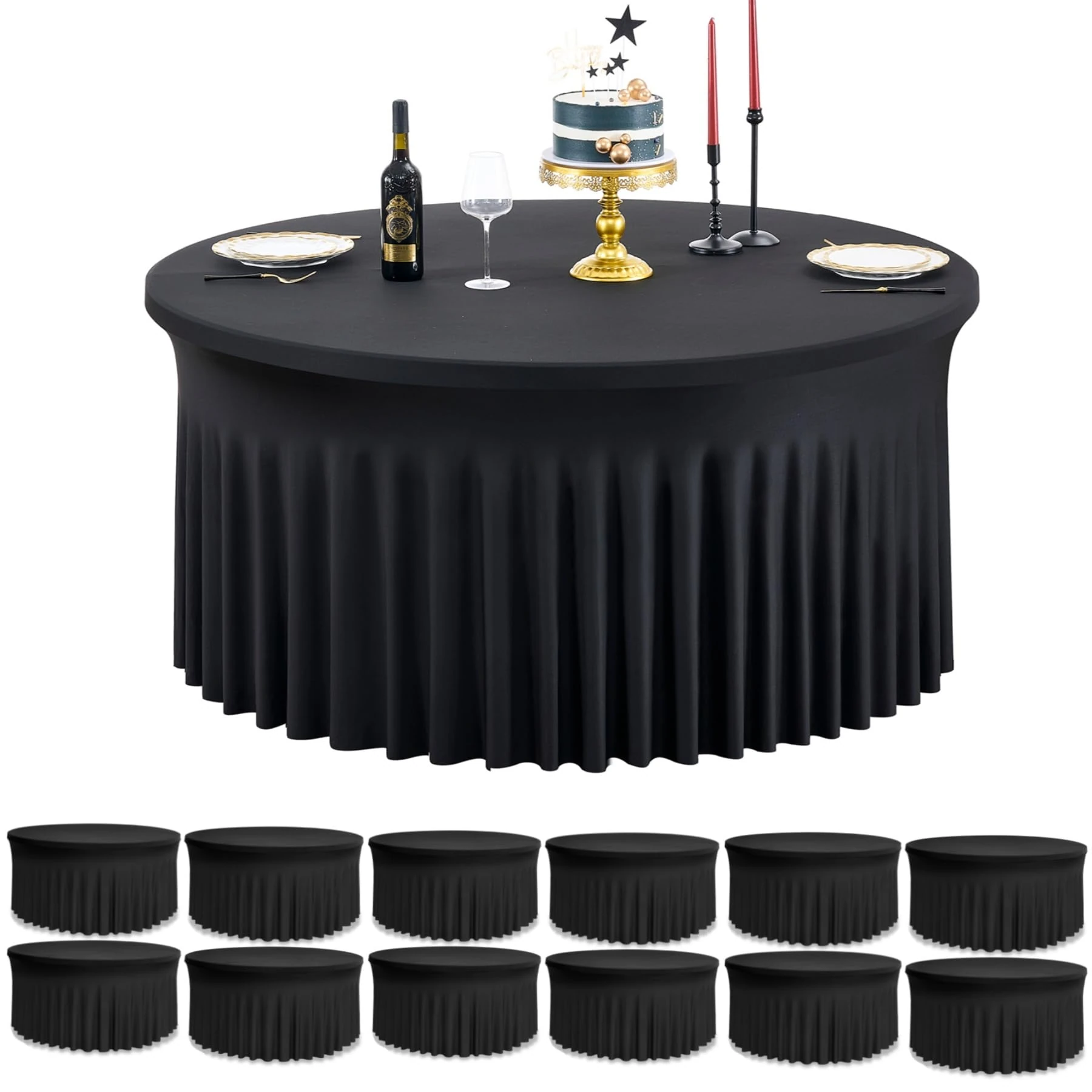 leegleri 12 Pack Spandex Black Round Tablecloths for 72in Table, Stretchy 132inch Fitted 6FT Round Table Cloths, Wrinkle Free Table Cover with Skirt for Wedding Birthday Party Bridal Shower Banquet