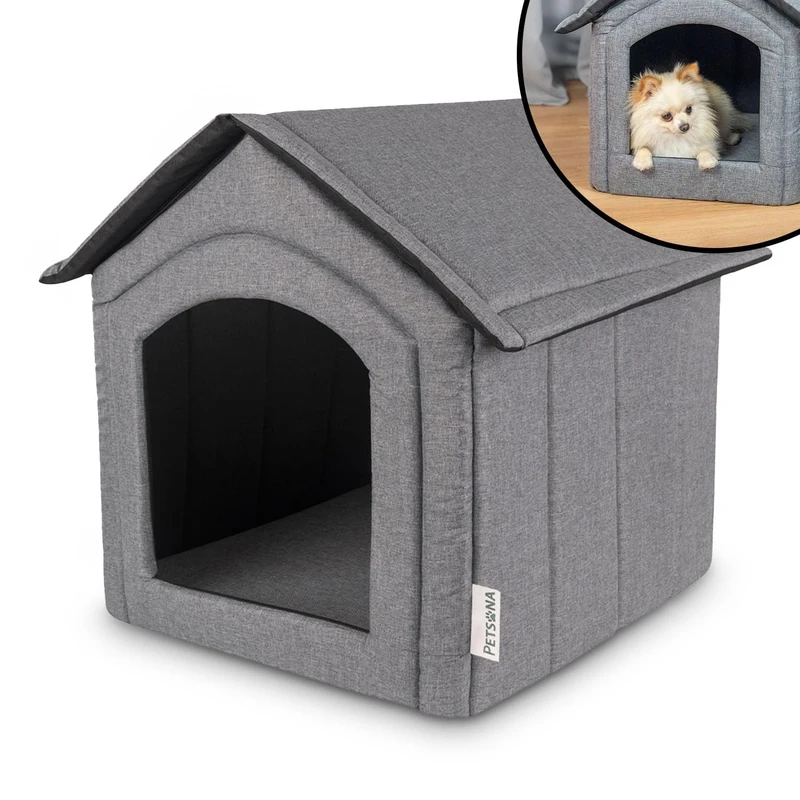 Petsona Pet House For Dogs Cats Foldable Shelter Bed For Animals Waterproof Washable With Removable Cushion Size M, Grey