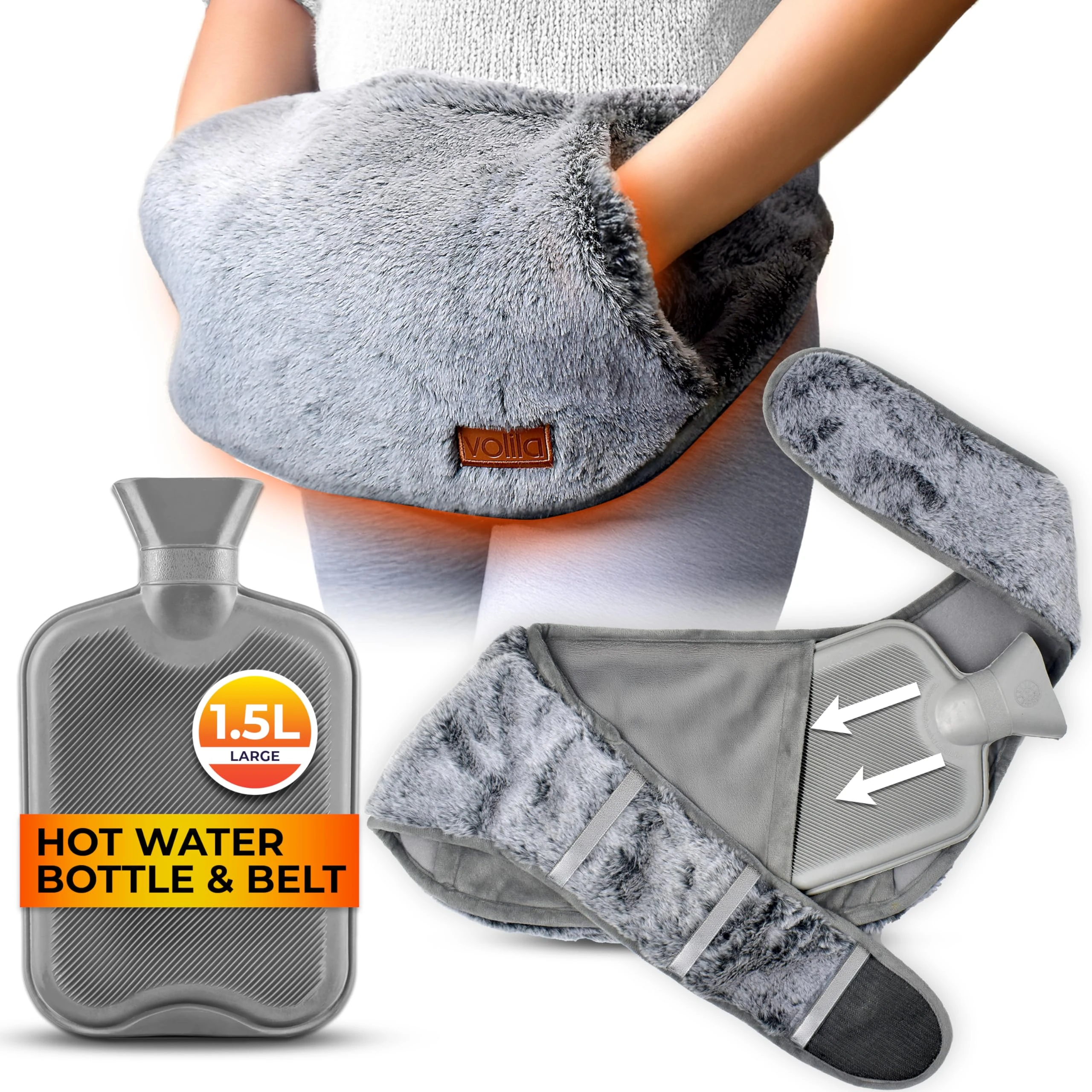 Wearable Hot Water Bottle Belt 1.5L – Soft Wrap Around Heat Pack for Period Pain, Back Pain & Cramps – Adjustable & Washable (Grey)