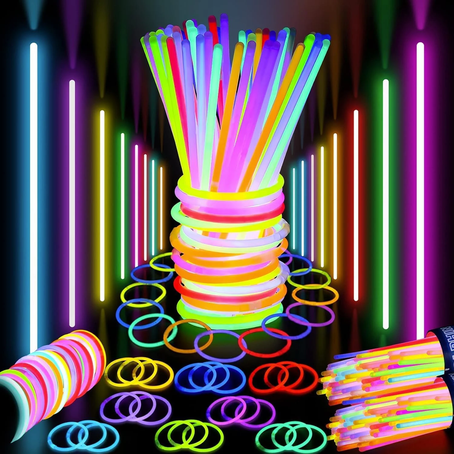 Premium Christmas Party Glow Sticks for Kids- 100 Pc Glow in the Dark Sticks with Connectors- 8 inch Glow Sticks Bulk Pack- Glow Neon Bracelets- Ultra Bright Party Supplies- Christmas Party - 100 Pack