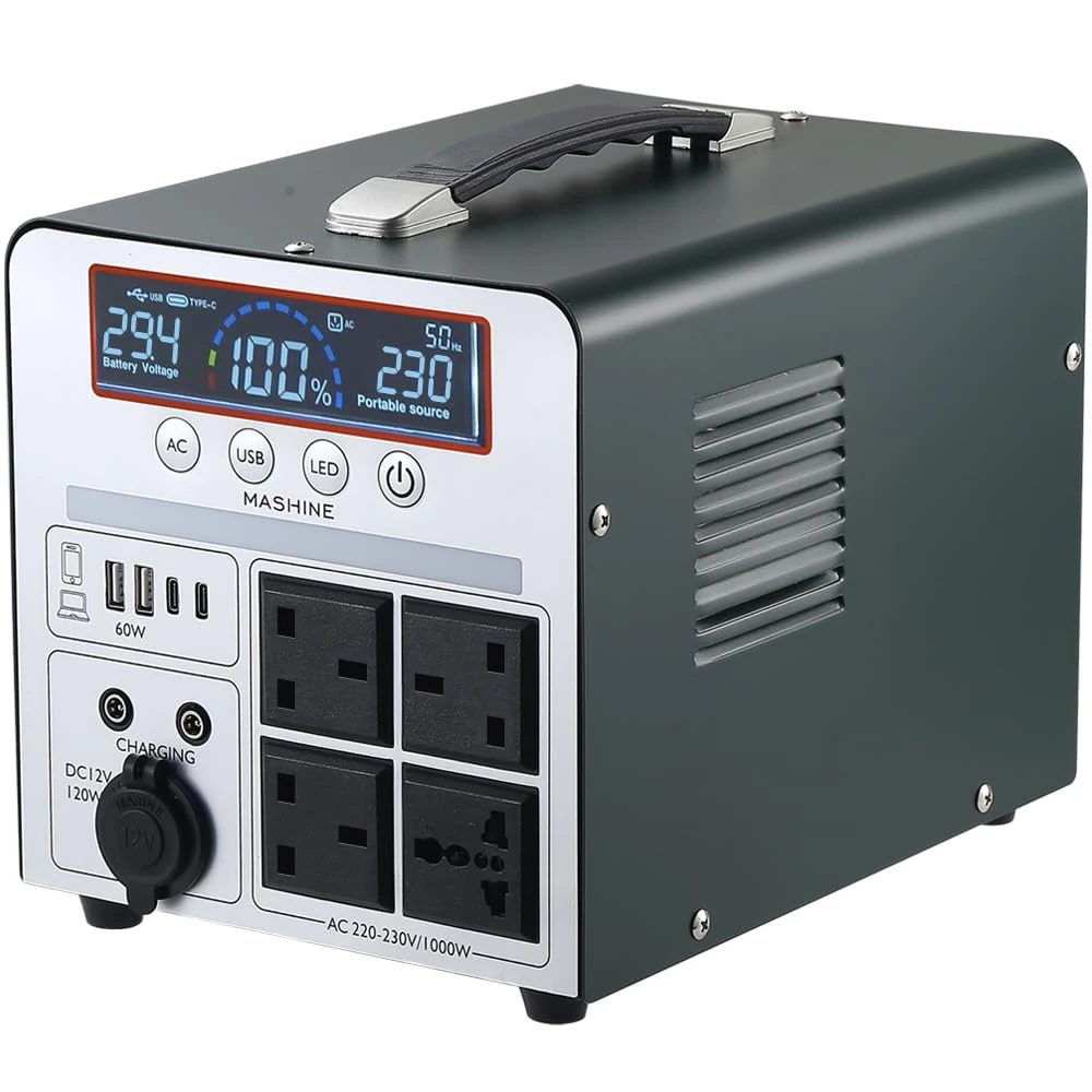 Power Station 1000W/666Wh, Mashine Portable Rechargeable Generator Inverter for Camping, RVs, Drones, Outdoor Lighting, with 4 AC Outlets and 4 USB Ports