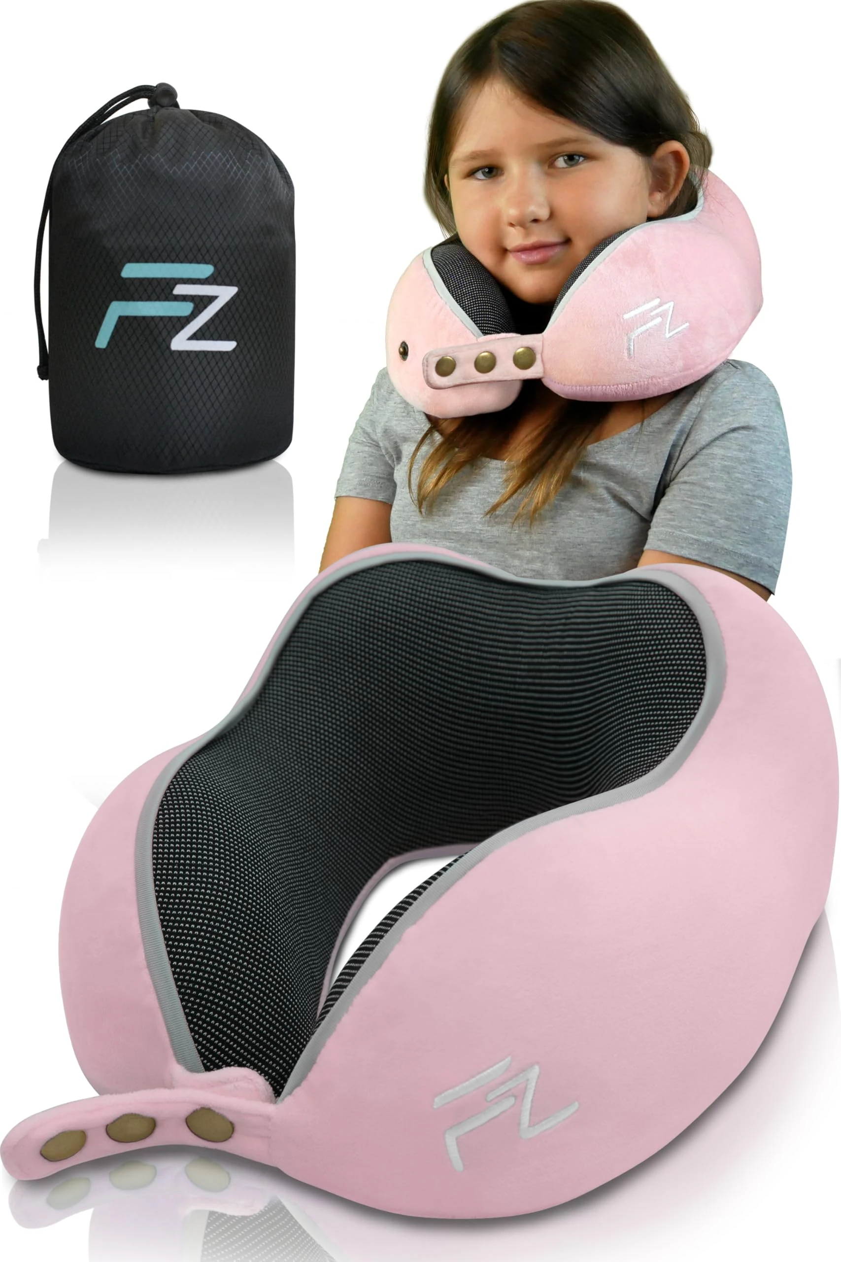 FLOWZOOM Comfy Kids Neck Pillow for Travel on Airplane & Car – Memory Foam Travel Pillow for Kids with Adjustable Width, Soft, Washable Plush Cover and Compact Mesh Bag - Cherry Pink, Ages 6-10 Years