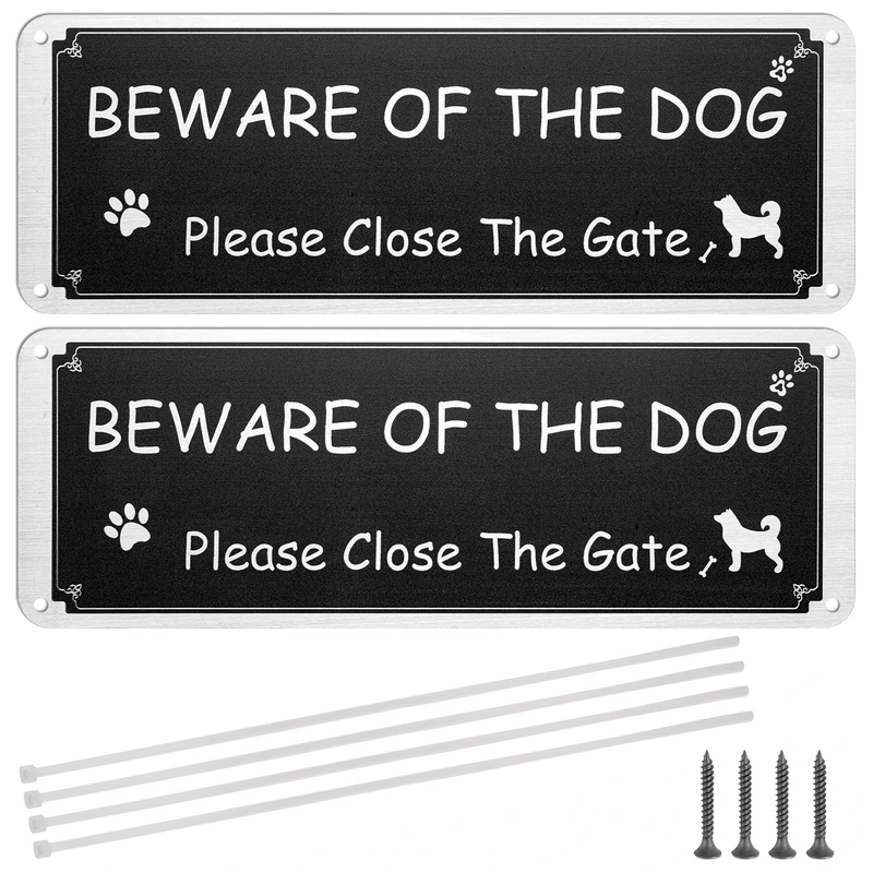 Beware of The Dog - 2 Pack Pre-Drilled Aluminium Metal Dog Warning Sign, Rustproof, UV Protected - with Zip Ties & Screws for Outdoor Gate Wall - 3.5'' × 9.8''
