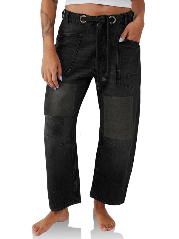 PLNOTME Womens Baggy Barrel Horseshoe Jeans Wide Leg Patchwork Low Rise Denim Pants with Pockets, Black, 14