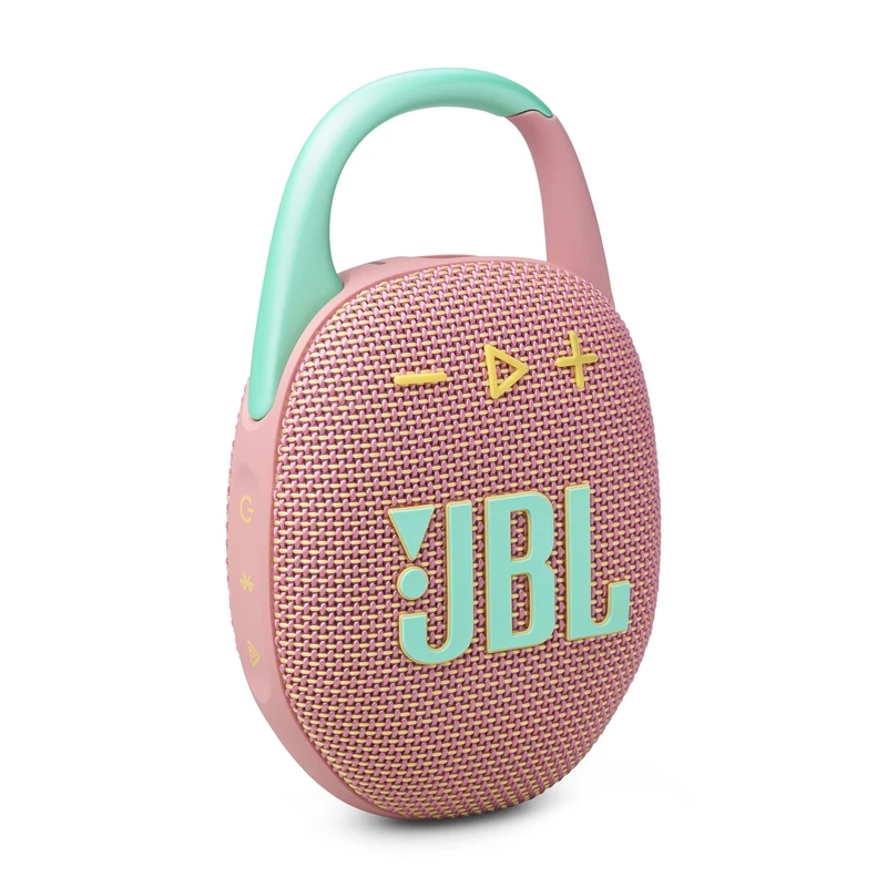 JBL CLIP5 Bluetooth Speaker, USB C Charging, IP67 Dustproof, Waterproof, App Compatible, Carabiner Structure, Passive Radiator, Portable, Swoosh Pink, JBLCLIP5PINK