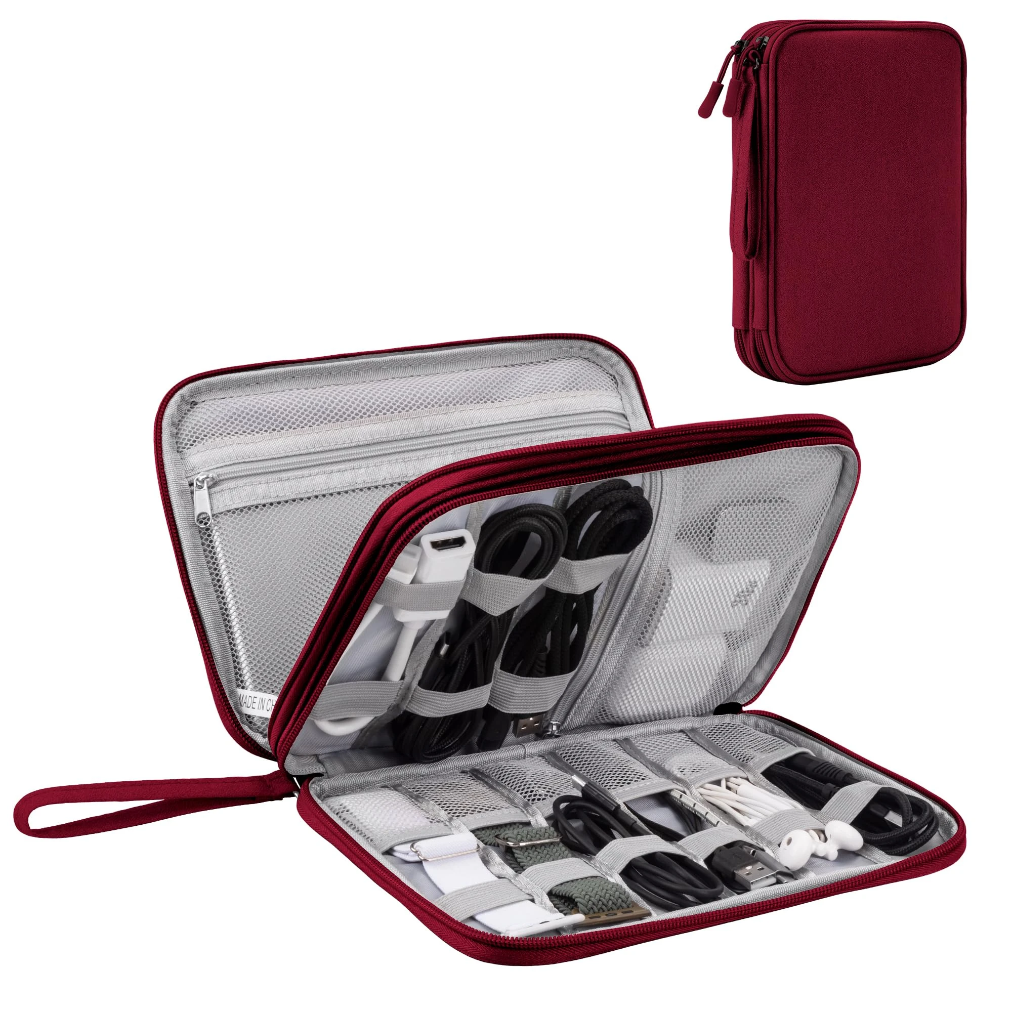 Arae Electronic Accessories Organizer, Travel Essentials Cable Bag with Double-Layer Storage for Cables, Cards, Chargers - Wine Red, L