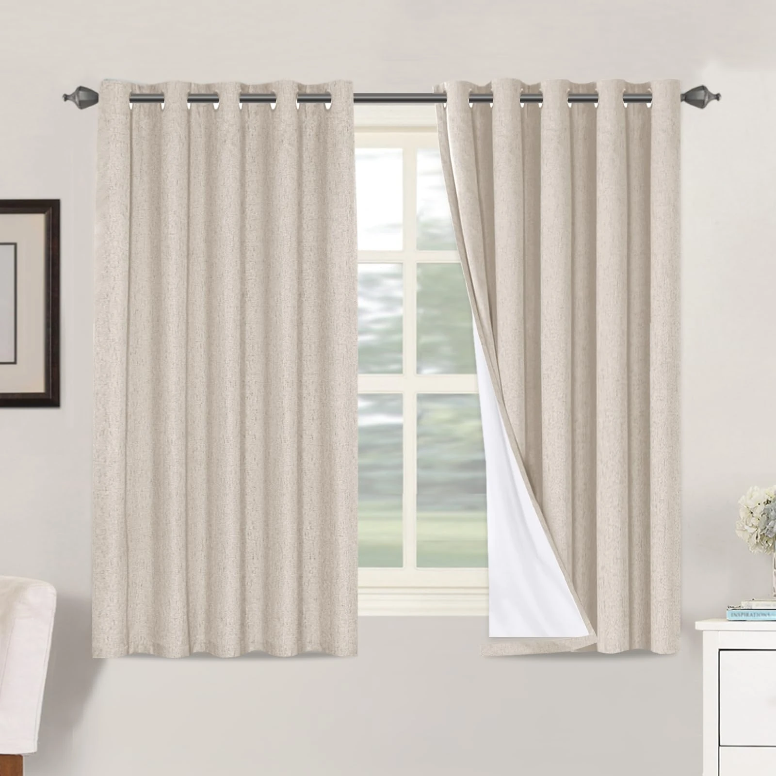 BellaHills 100% Blackout Curtains for Bedroom Eyelet Linen Curtains for Living Room with White Coating Back Grommet Thermal Insulated Curtain 2 Panels, 66 x 54 Inch, Natural