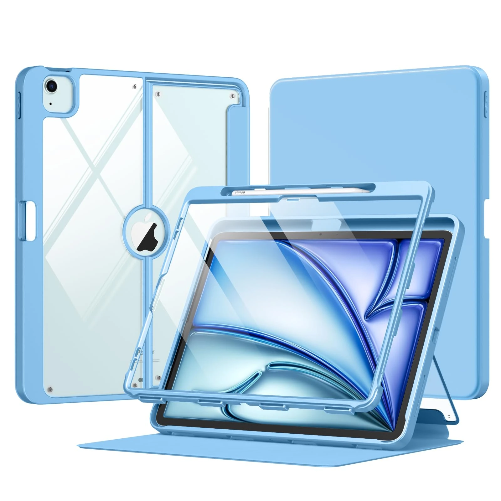 MoKo for iPad Air 13 Inch Case M3 2025 & M2 2024 with Pencil Holder, iPad Air 13 Case [Built-in Screen Protector] with Clear Back & Magnetic Multi Angle Stand Cover, Sunny Blue