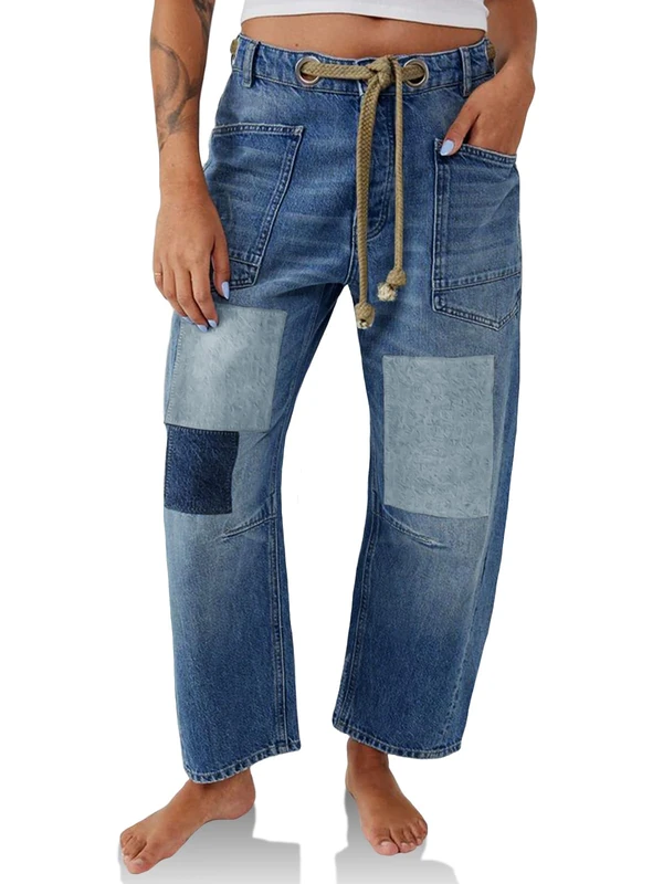 PLNOTME Womens Baggy Barrel Horseshoe Jeans Wide Leg Patchwork Low Rise Denim Pants with Pockets, Blue, 14