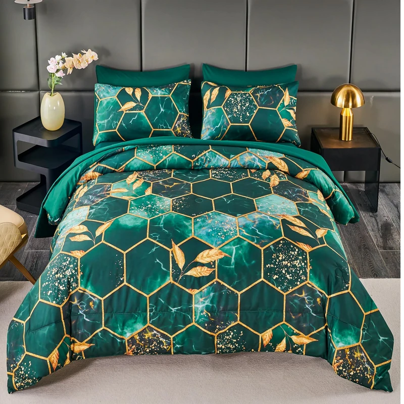 ANGIYUIN 7 Pieces Emerald Green Gold Comforter Set California King Size, Marble Watercolor Bed in A Bag for Women Men, Geometric Hexagon Gold Leaves Bedding Sets for All Season