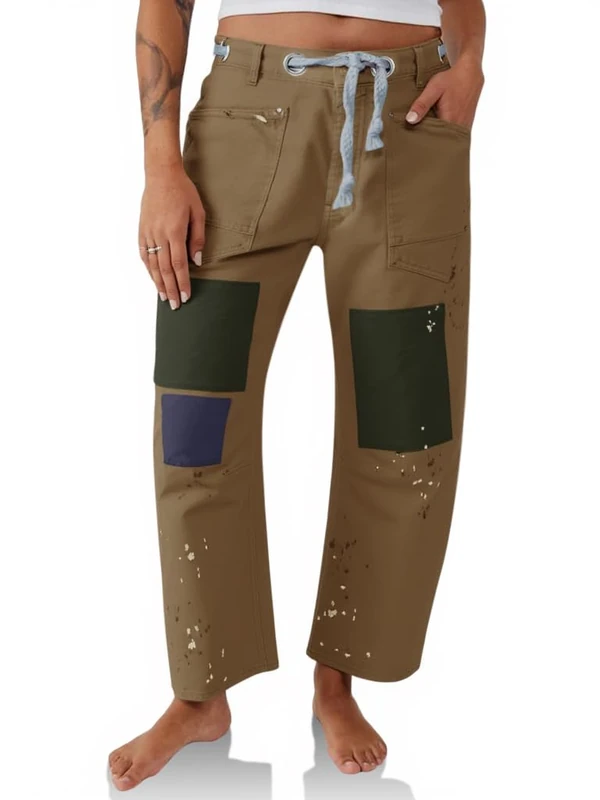 PLNOTME Womens Baggy Barrel Horseshoe Jeans Wide Leg Patchwork Low Rise Denim Pants with Pockets, Khaki, 14