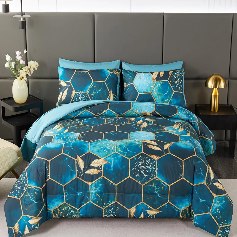 ANGIYUIN Turquoise Honeycomb Comforter Set California King Size, Marble Hexagon with Gold Trims Design Bedding Sets, 7Pcs Gold Leaves Soft Bed Comforter Set with Sheets