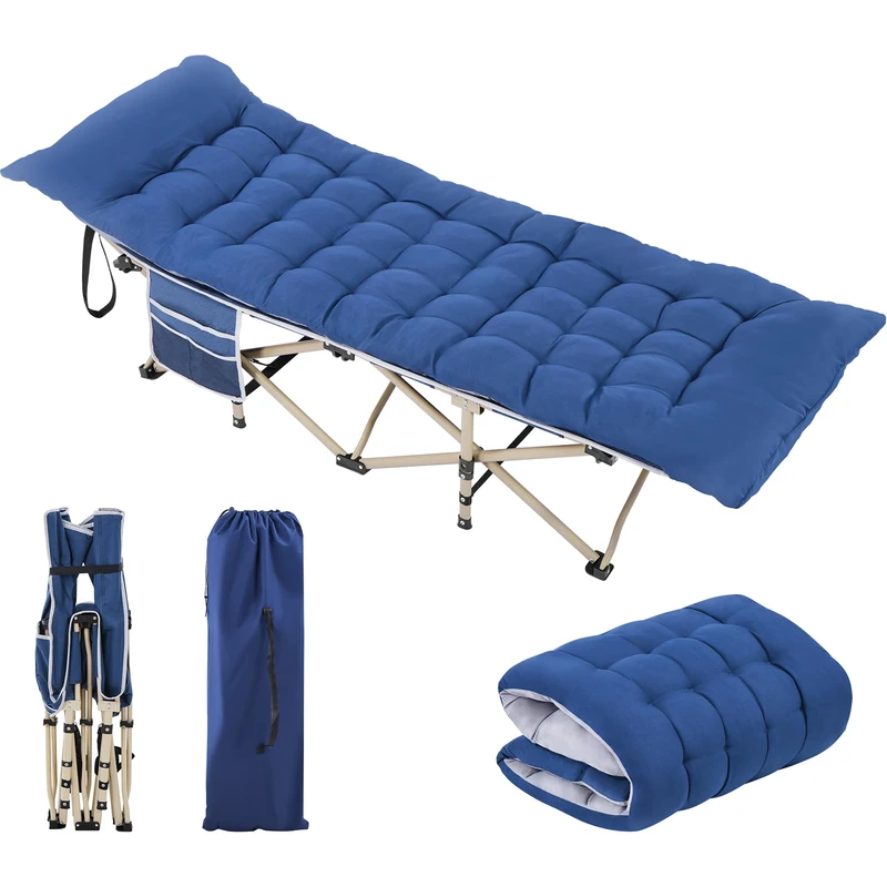 Yaheetech Folding Camping Cot Portable Outdoor Bed for Adults w/Mat & Storage Bag & Carry Bag, Heavy Duty Cots for Outdoor Travel & Office/Home Nap Blue Cot/Blue Pad