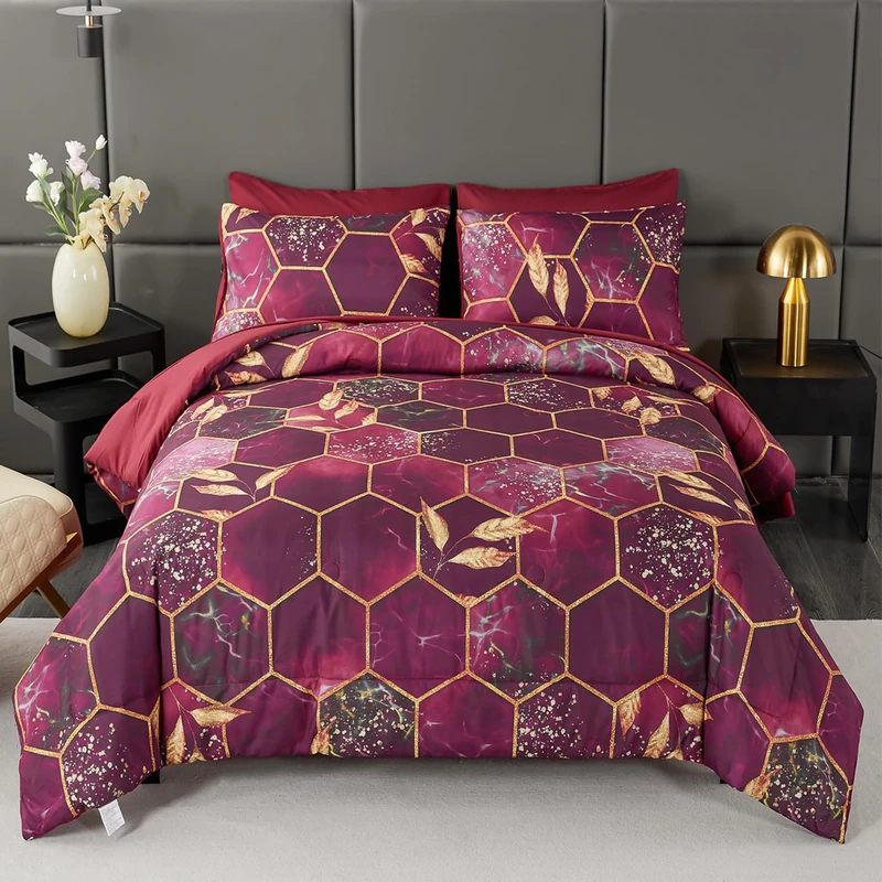 ANGIYUIN 7 Pieces Burgundy Gold California King Size Bed in A Bag, Marble Watercolor Gold Leaves Bedding Comforter Set, Hexagon Honeycomb Comforter Sets with Sheets, Pillowcases