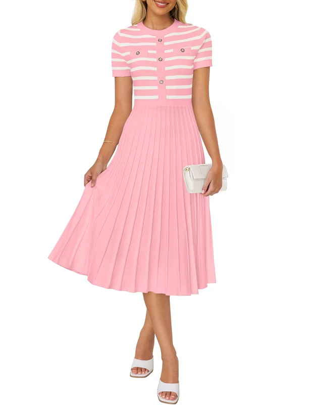 ZESICA Women's Casual Striped Midi Dress Crewneck Short Sleeve Button Ribbed Knit Swing Pleated A Line Dresses, Pink, S
