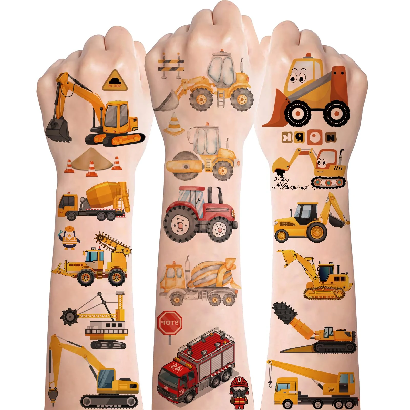 Kids Tattoos Boys,8 Sheets Excavator Tattoo for Kids,Cool Vehicle Construction Digger Firetruck Tractor Temporary Tattoos,Children Tattoo Stickers for Boys Car Birthday Gift Party Bag Filler